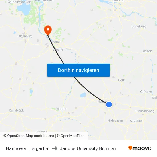 Hannover Tiergarten to Jacobs University Bremen map