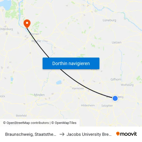 Braunschweig, Staatstheater to Jacobs University Bremen map