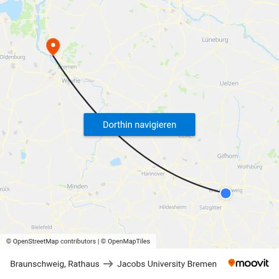 Braunschweig, Rathaus to Jacobs University Bremen map