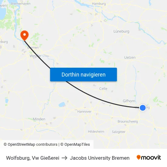 Wolfsburg, Vw Gießerei to Jacobs University Bremen map