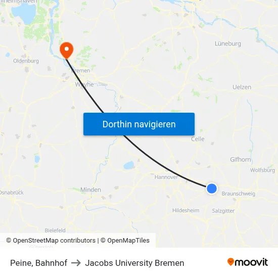 Peine, Bahnhof to Jacobs University Bremen map