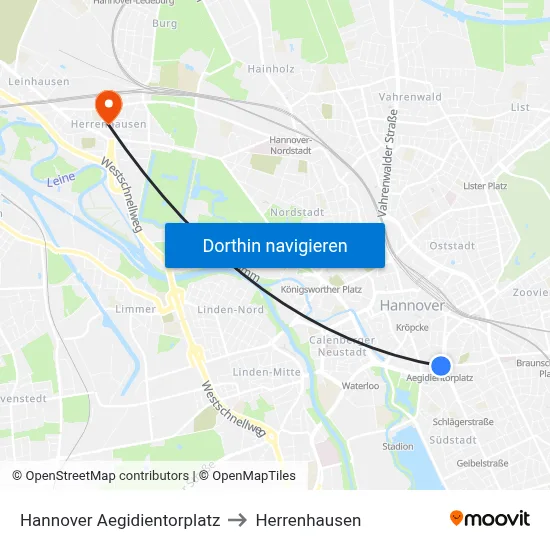 Hannover Aegidientorplatz to Herrenhausen map