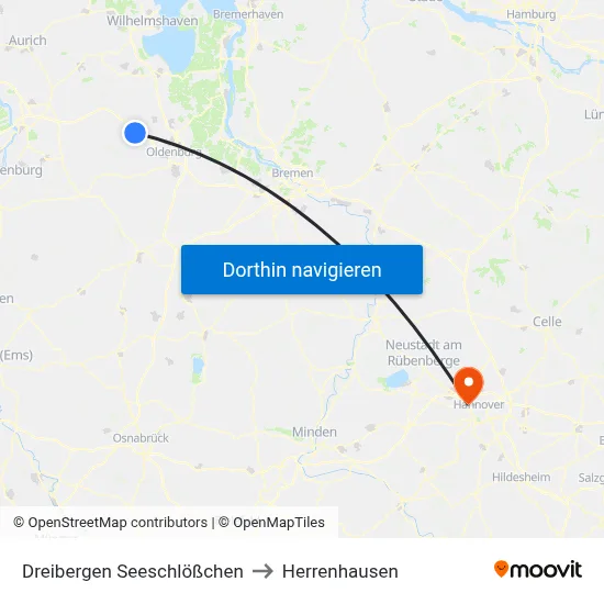 Dreibergen Seeschlößchen to Herrenhausen map