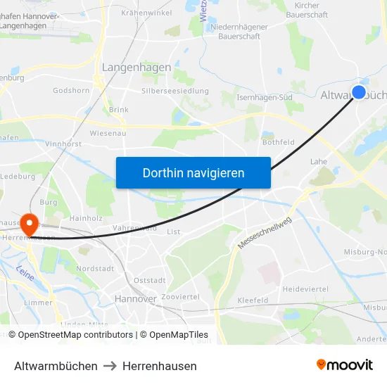 Altwarmbüchen to Herrenhausen map