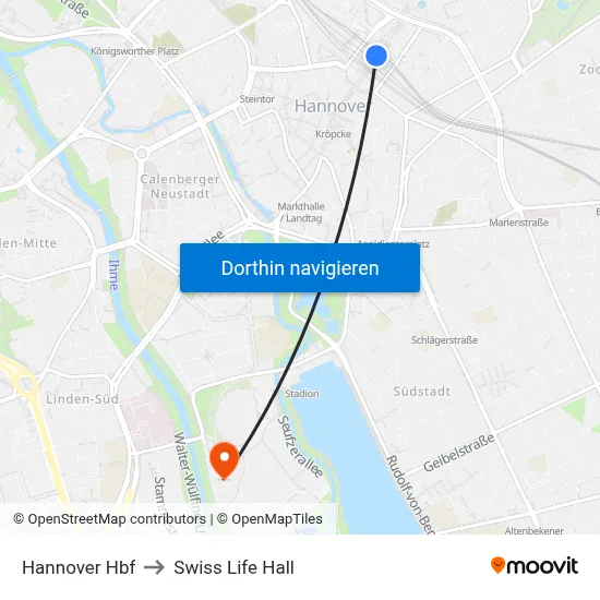Hannover Hbf to Swiss Life Hall map