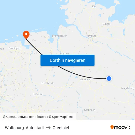 Wolfsburg, Autostadt to Greetsiel map