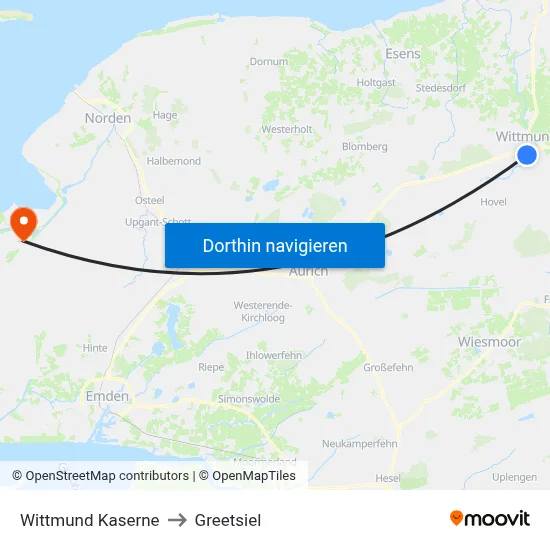 Wittmund Kaserne to Greetsiel map