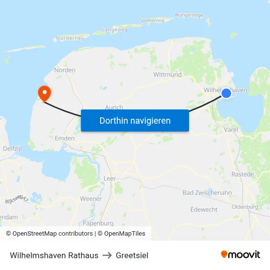 Wilhelmshaven Rathaus to Greetsiel map