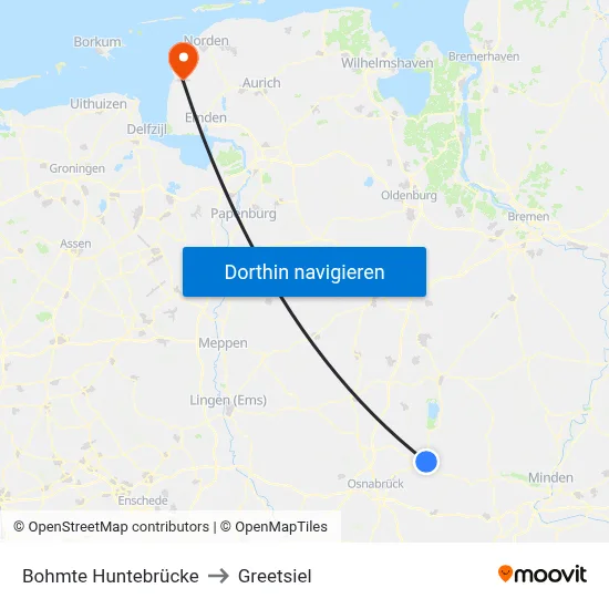 Bohmte Huntebrücke to Greetsiel map