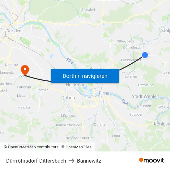 Dürrröhrsdorf-Dittersbach to Bannewitz map