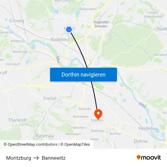Moritzburg to Bannewitz map