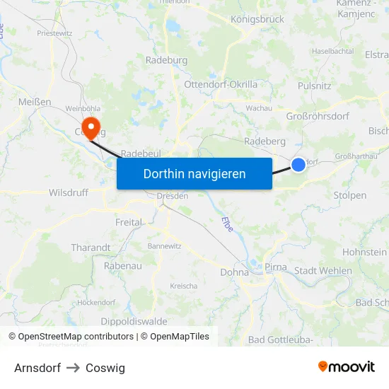 Arnsdorf to Coswig map