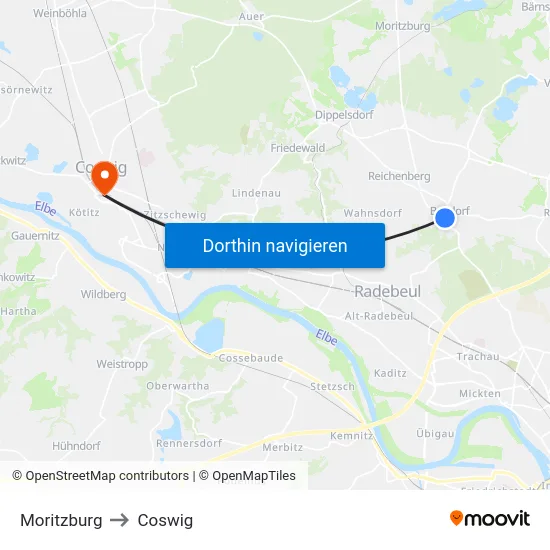 Moritzburg to Coswig map