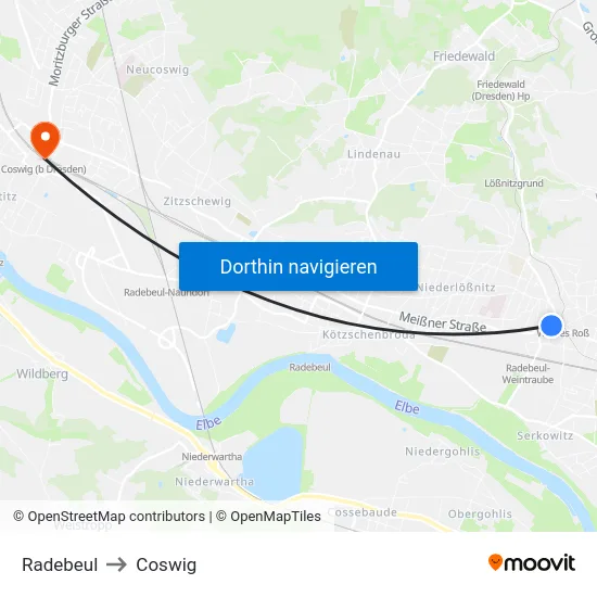 Radebeul to Coswig map