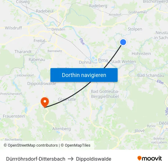 Dürrröhrsdorf-Dittersbach to Dippoldiswalde map