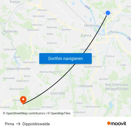 Pirna to Dippoldiswalde map