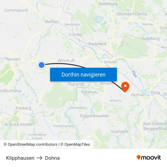 Klipphausen to Dohna map