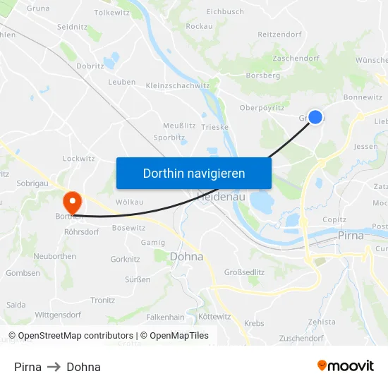 Pirna to Dohna map