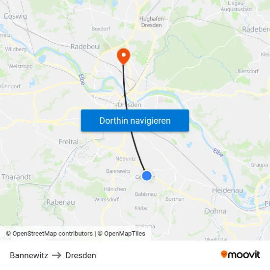 Bannewitz to Dresden map