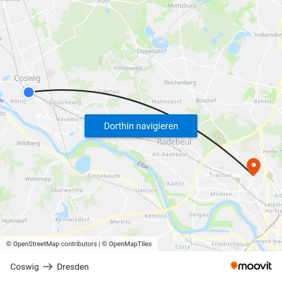 Coswig to Dresden map