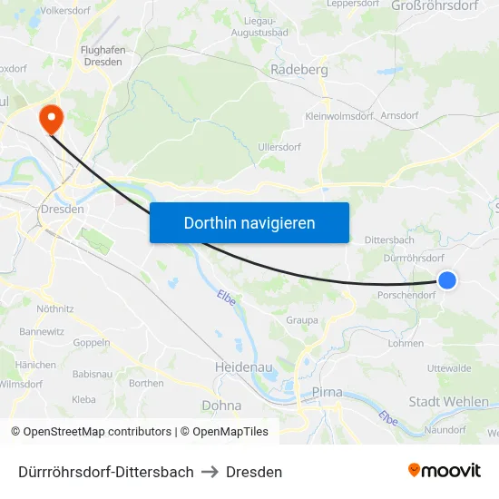 Dürrröhrsdorf-Dittersbach to Dresden map
