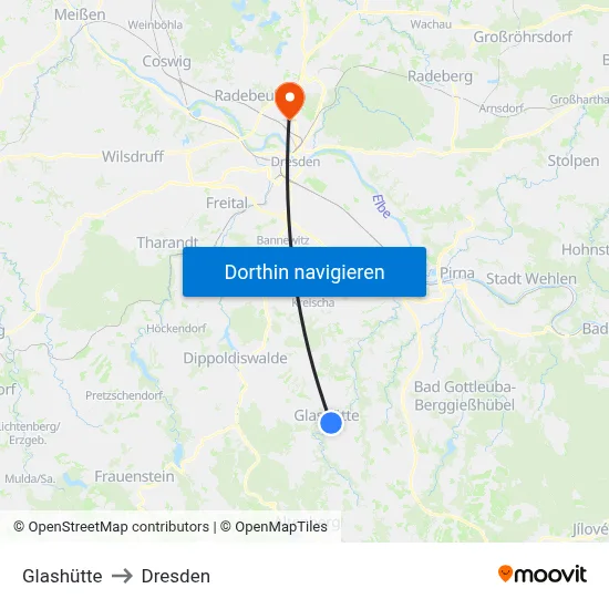 Glashütte to Dresden map