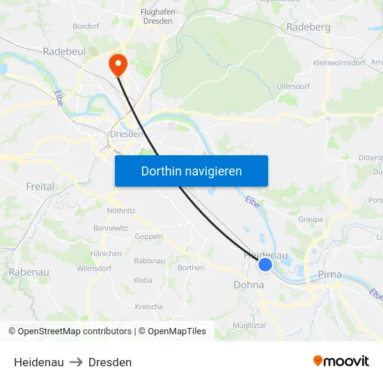 Heidenau to Dresden map