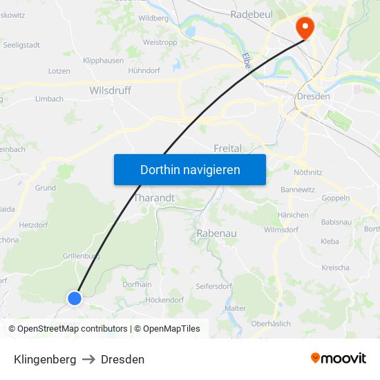 Klingenberg to Dresden map