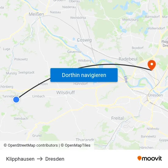 Klipphausen to Dresden map