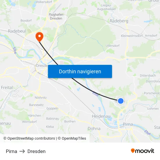 Pirna to Dresden map