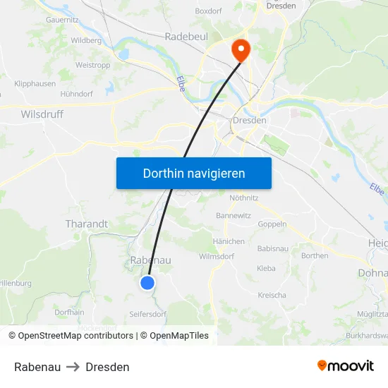 Rabenau to Dresden map