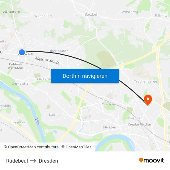 Radebeul to Dresden map