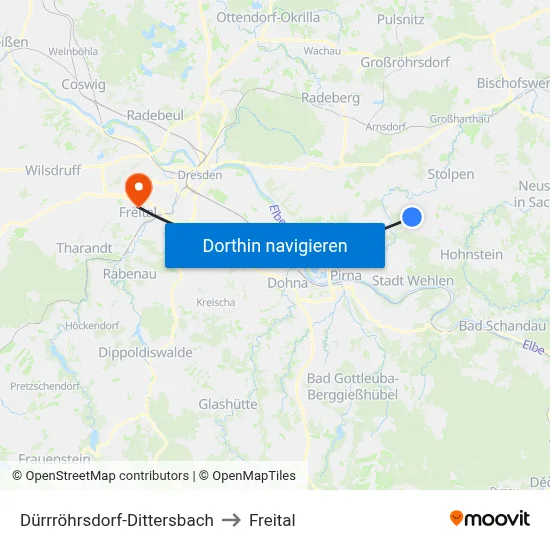 Dürrröhrsdorf-Dittersbach to Freital map