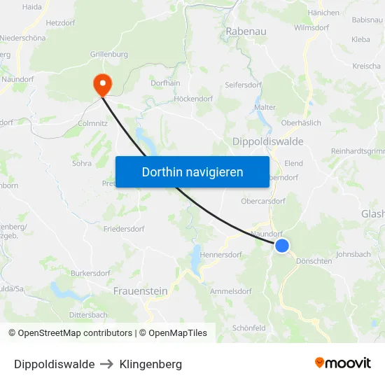 Dippoldiswalde to Klingenberg map