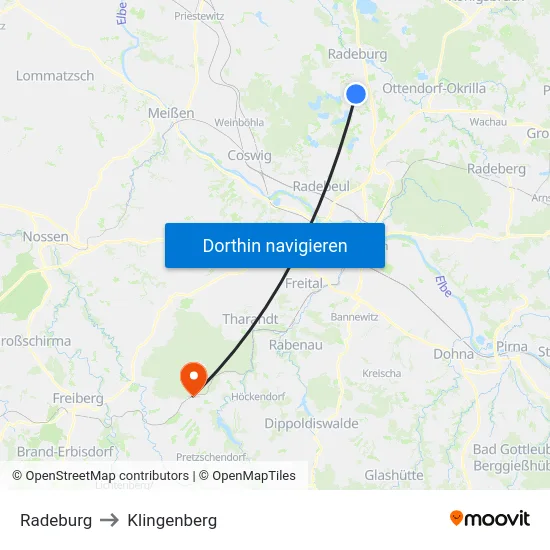 Radeburg to Klingenberg map