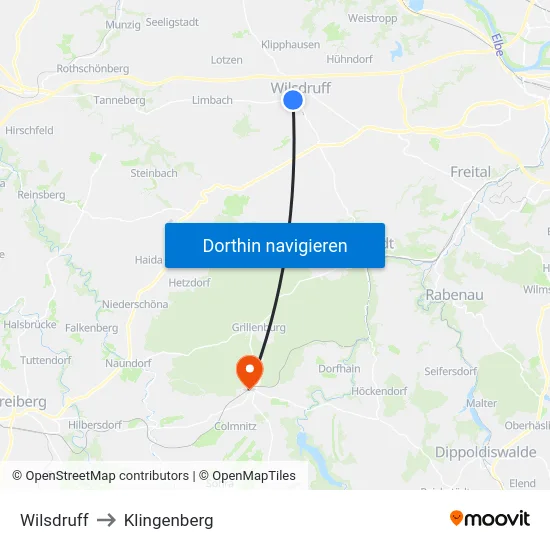Wilsdruff to Klingenberg map