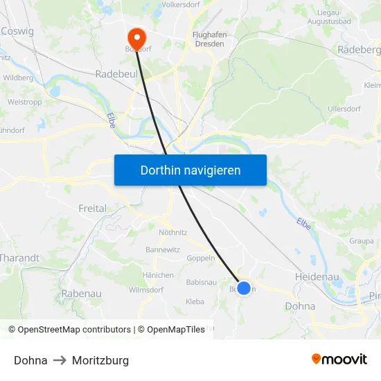 Dohna to Moritzburg map