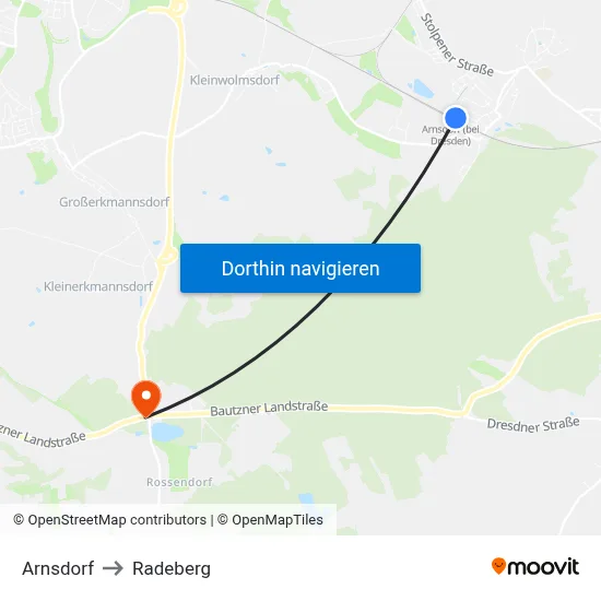 Arnsdorf to Radeberg map