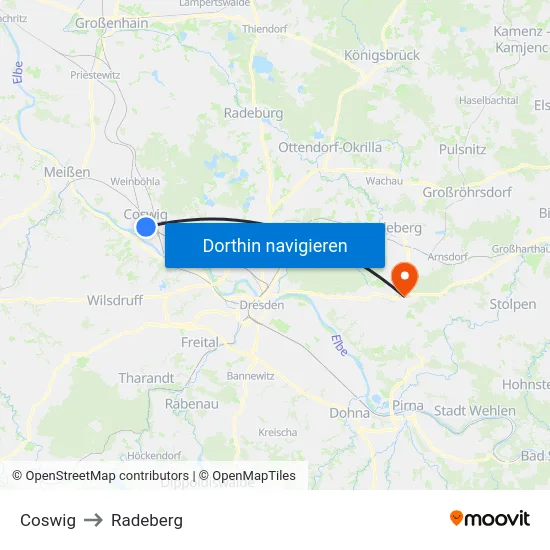 Coswig to Radeberg map