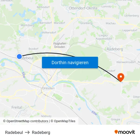 Radebeul to Radeberg map