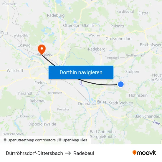 Dürrröhrsdorf-Dittersbach to Radebeul map