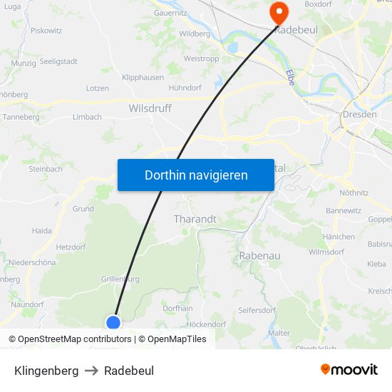 Klingenberg to Radebeul map