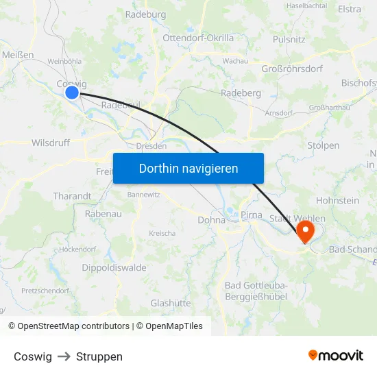 Coswig to Struppen map