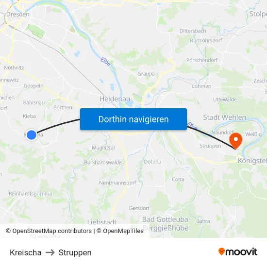 Kreischa to Struppen map