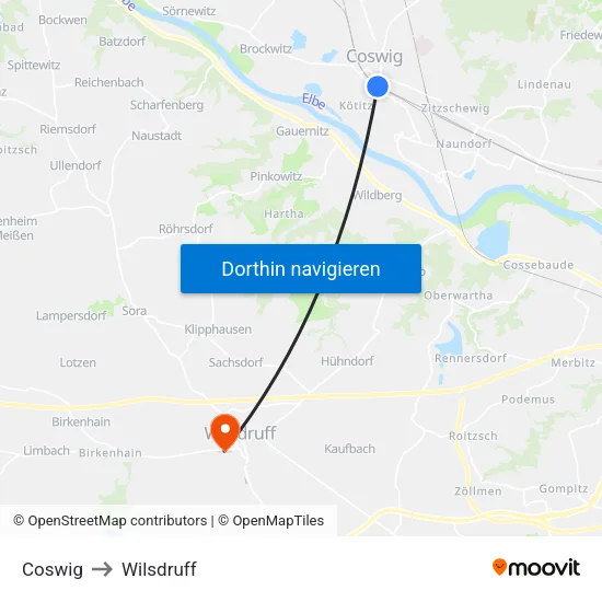 Coswig to Wilsdruff map