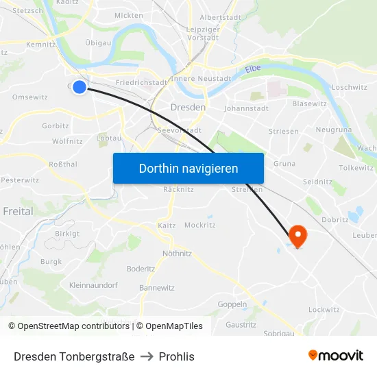 Dresden Tonbergstraße to Prohlis map