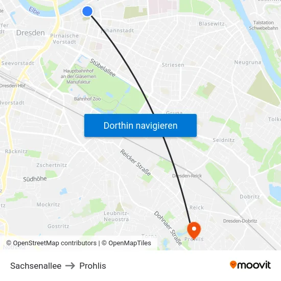 Sachsenallee to Prohlis map