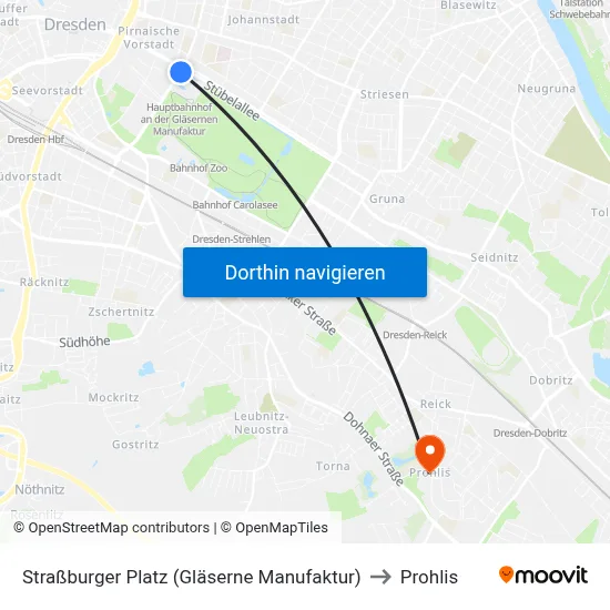 Straßburger Platz (Gläserne Manufaktur) to Prohlis map