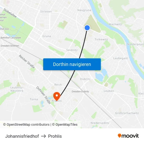 Johannisfriedhof to Prohlis map