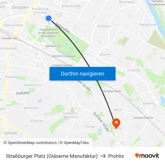 Straßburger Platz (Gläserne Manufaktur) to Prohlis map